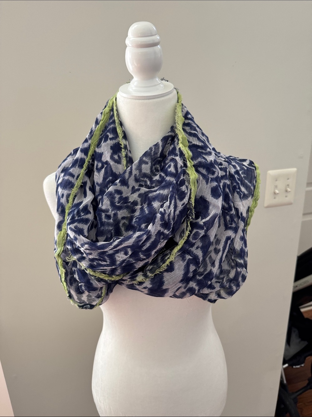 Anthology Lightweight Navy and White Animal-Print Infinity Scarf with Green Trim